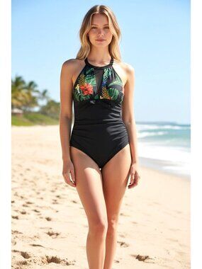 Tropical Print High-Neck One-Piece Swimsuit By 12Crazy Black With Floral Details